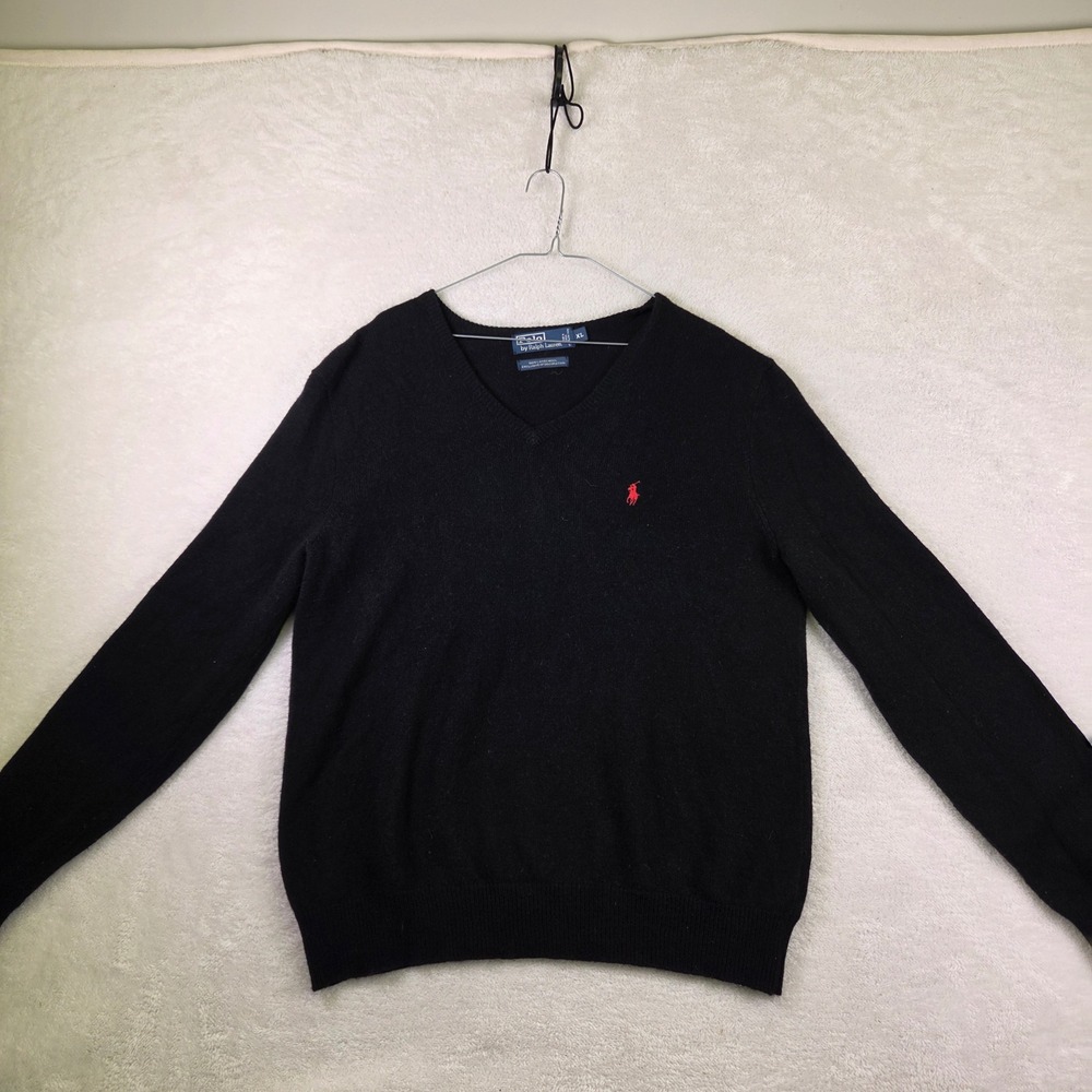 Polo Ralph Lauren Mens XL Black 100% Lambswool V-Neck Sweater Red Pony Logo